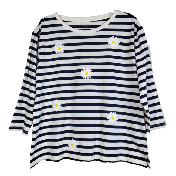 Talbots Top Womens Large Petite French Striped Blue White Embroidered Flowers - Picture 1 of 8